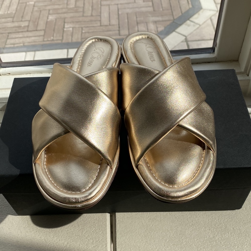 J. Crew Metallic Gold Padded Calf Criss-cross Delta Slide Sandal